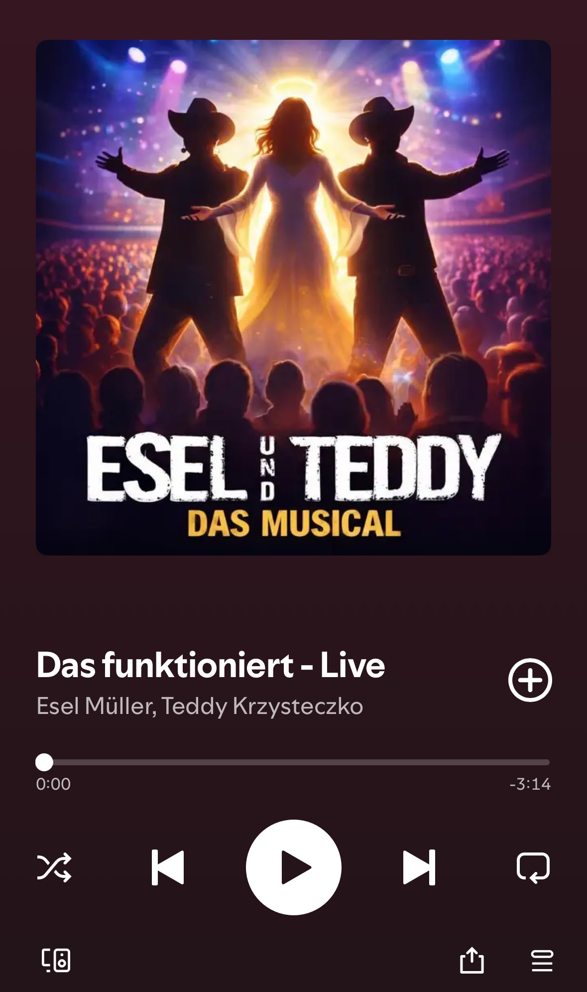 Spotify-Now-Playing-Screen für den Track »Das funktioniert – Live« von Esel Müller und Teddy Krzysteczko, Laufzeit 3:14, noch nicht gestartet. Das Album-Cover füllt den Großteil des Bildschirms.