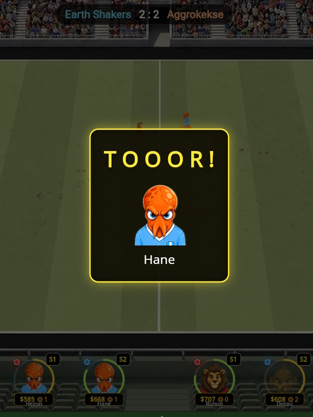 Screenshot aus einem Fußball-Simulationsspiel. Spielstand Earth Shakers 2:2 Aggrokekse, im Vordergrund ein Tor-Popup (TOOOR!) mit Porträt eines oktopusartigen Spielers namens Hane. Darunter Spielerkacheln mit Werten und Statistiken für Hezuo, Hane, Runuo und Dorau.